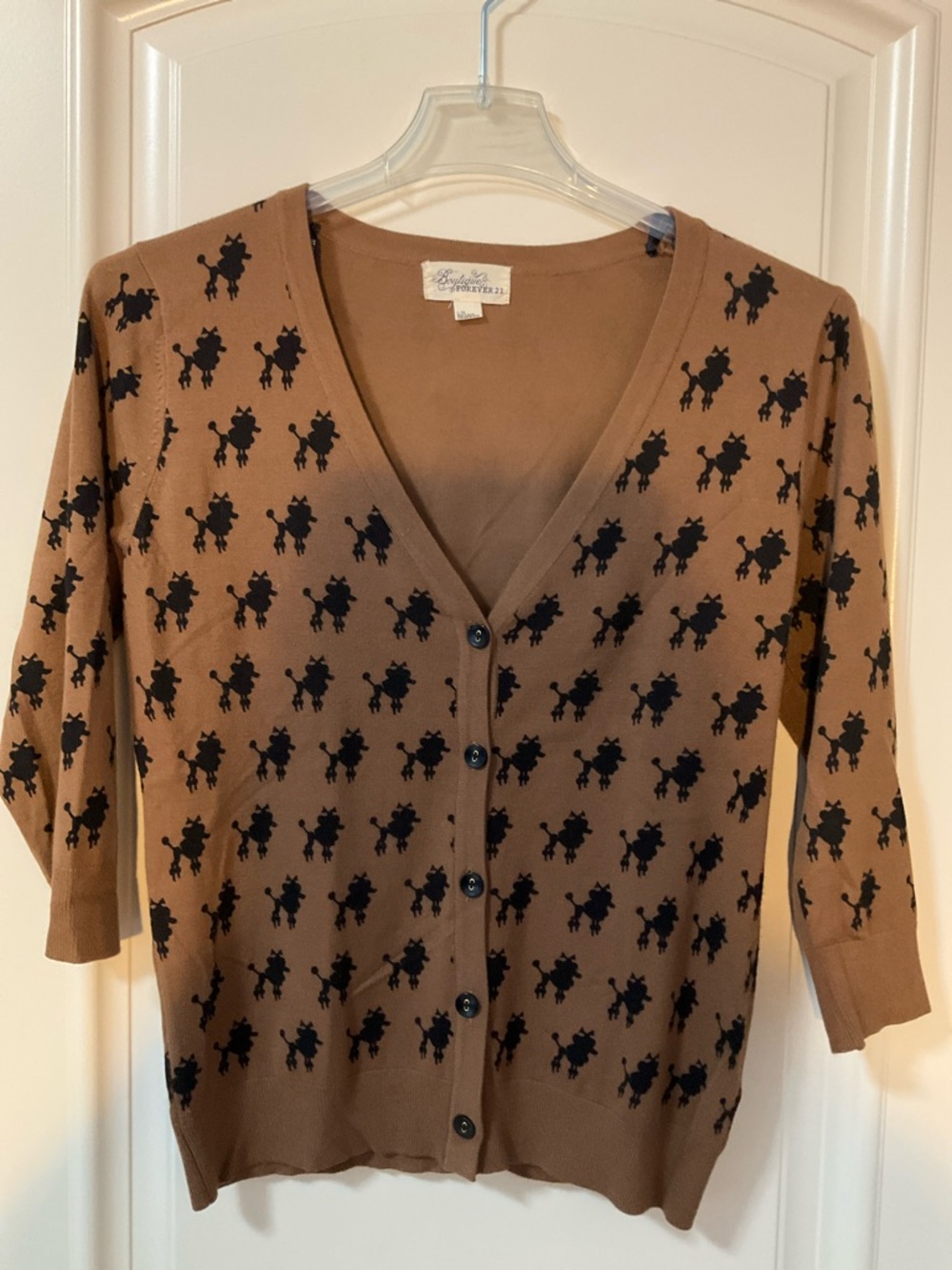Boutique Forever 21 Poodle Print Black & Tan Brown Cardigan Sweater L